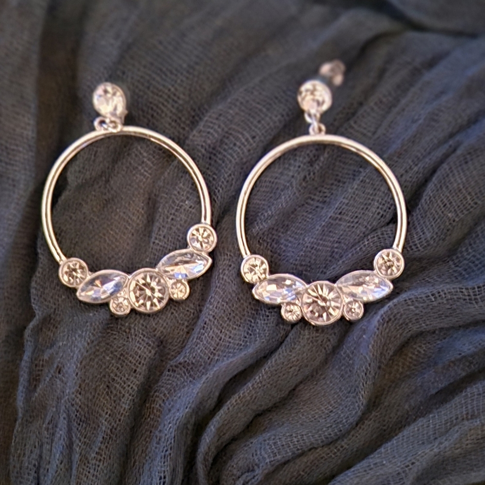 Lauren Conrad Silver Tone Hoop Drop Earrings with White Stones